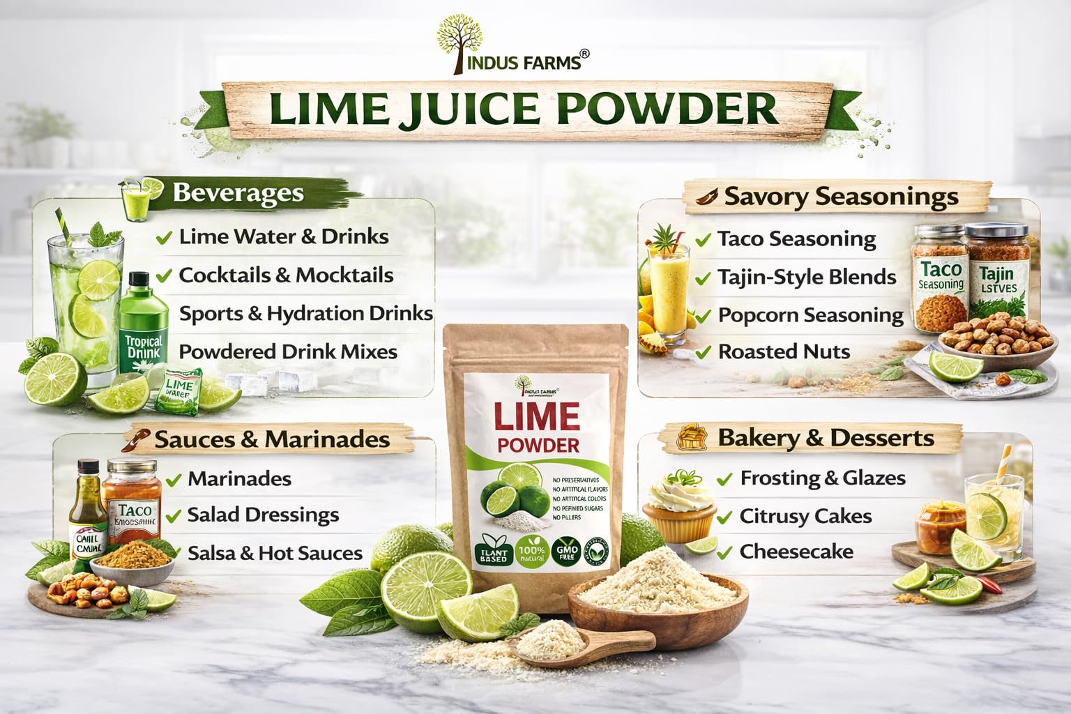 Indus Farms Lime Juice Powder Drink Mix, Unsweetened, Made from Fresh Limes (No Peel), Smooth Mixing, No Preservatives, For Drinks, Cooking, Baking