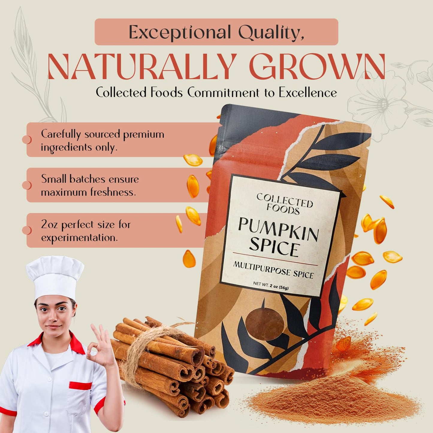 Collected Foods Premium Pumpkin Spice Blend - Non-GMO Fall Seasoning Containing Ground Cinnamon, Nutmeg, Ginger, Cloves and Allspice - Perfect