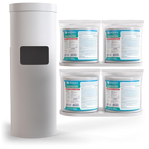 Wipex Gym Wipes Bundle: (1) Premium White Wipe Dispenser with Trash Bin - Stainless Steel and (4) 800ct Disinfecting Gym Wipes Refill Roll - Suitable