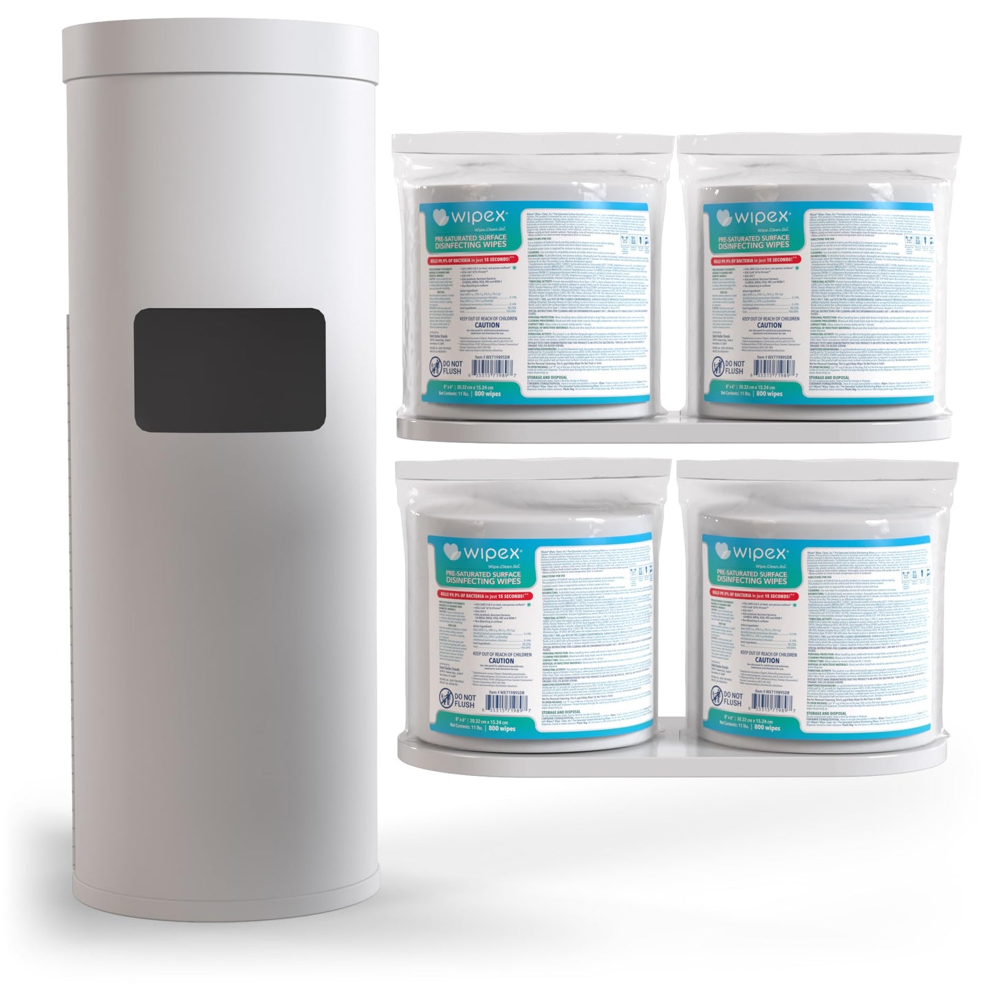 Wipex Gym Wipes Bundle: (1) Premium White Wipe Dispenser with Trash Bin - Stainless Steel and (4) 800ct Disinfecting Gym Wipes Refill Roll - Suitable