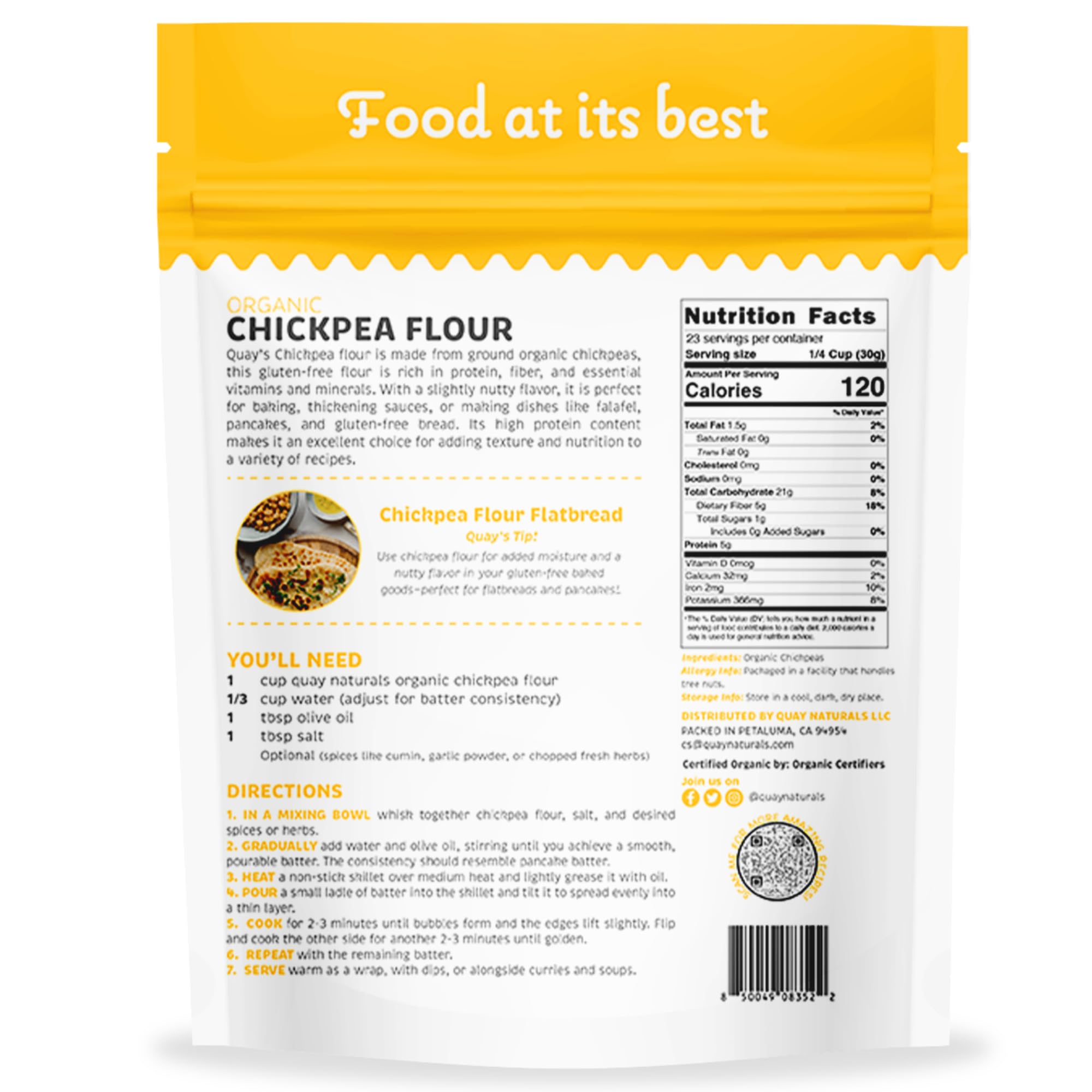 Quay Naturals Organic Chickpea Flour, Garbanzo Bean Flour, 1.5 lb, Non-GMO, Gluten-Free, Vegan. Ideal for Baking, Frying, Flatbreads & Grain-Free