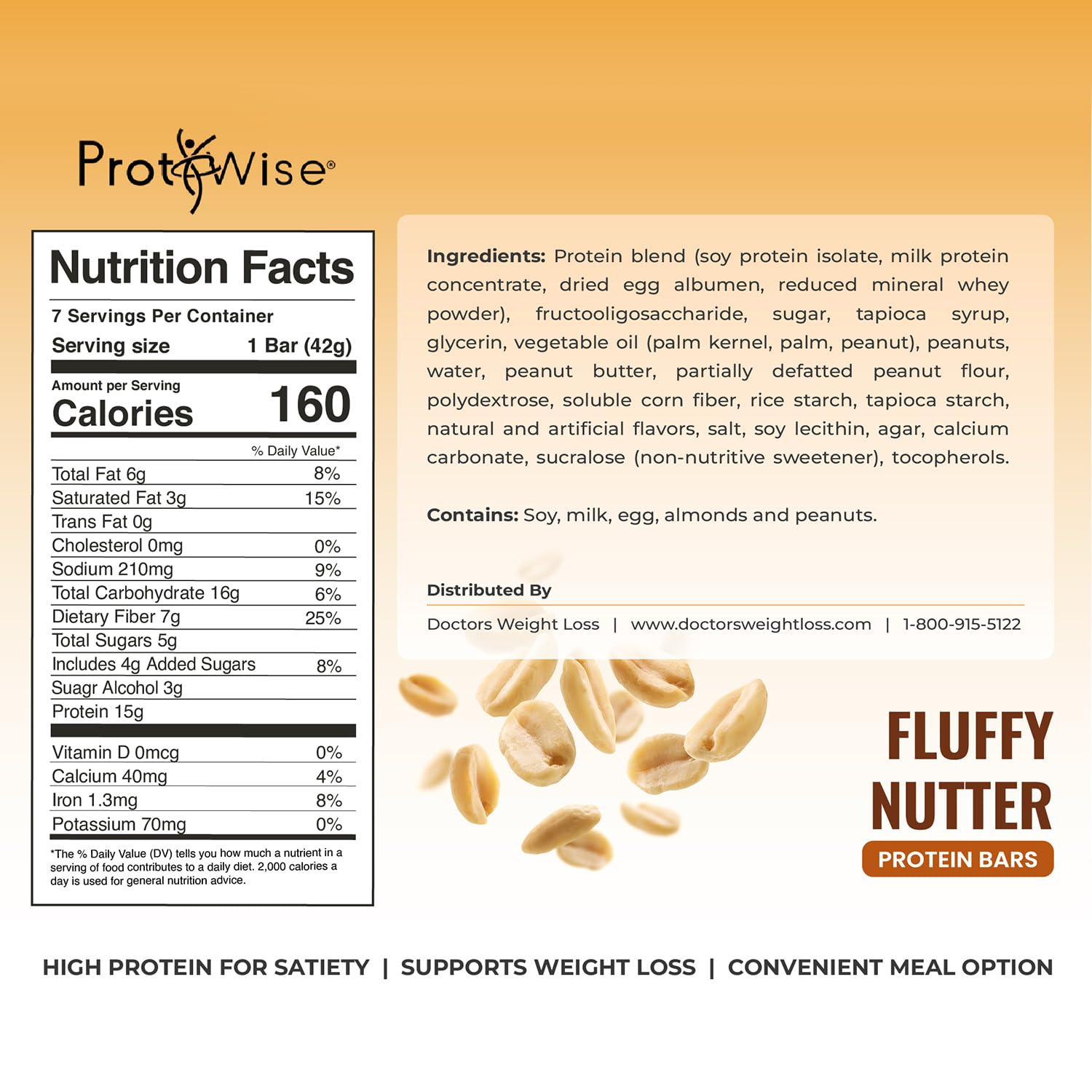 ProtiWise Fluffy Nutter Protein Bars | 15g Protein, 7g Fiber | Low Sugar, Low Carb | Gluten Free | Keto Friendly Hunger Control Meal Replacement