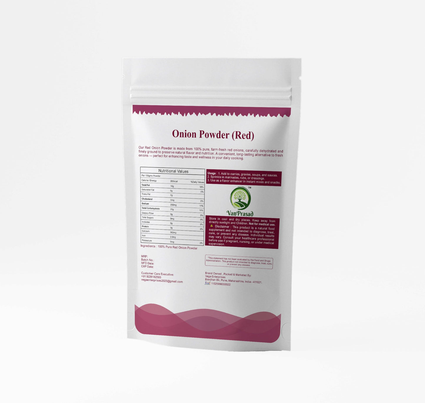 VanPrasad Pure Red Onion Powder | Natural & Hygienic | Rich Flavor & Aroma | No Preservatives | Vegan & Gluten-Free | Ideal for Curries, Soups