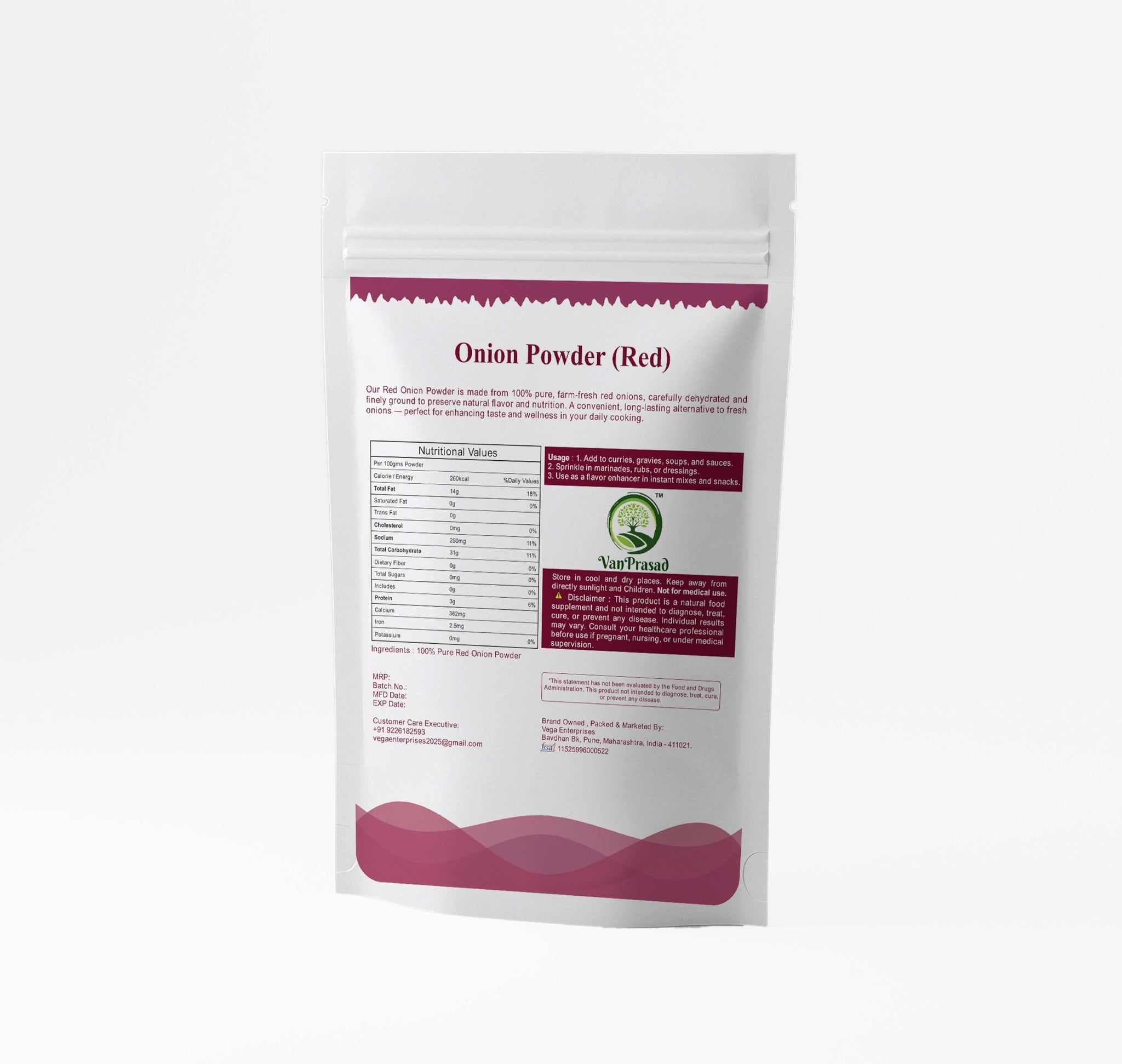 VanPrasad Pure Red Onion Powder | Natural & Hygienic | Rich Flavor & Aroma | No Preservatives | Vegan & Gluten-Free | Ideal for Curries, Soups