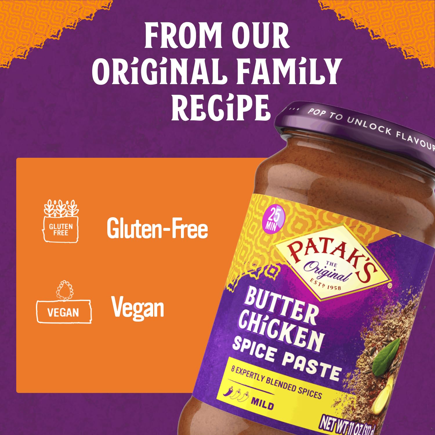 Patak’s Butter Chicken Spice Paste - Mild Indian Curry Paste with 8 Expertly Blended Spices - Gluten-Free and Vegan - Flavorful Butter Chicken Curry