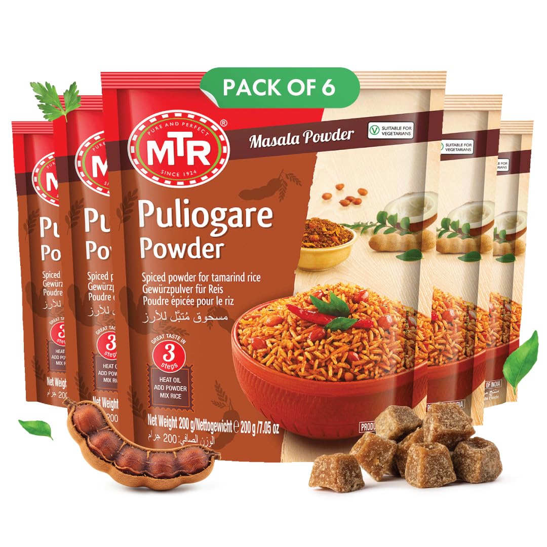 MTR Puliogare Powder Indian Spice Mix - Ideal for Tamarind Rice 200g, 6pk