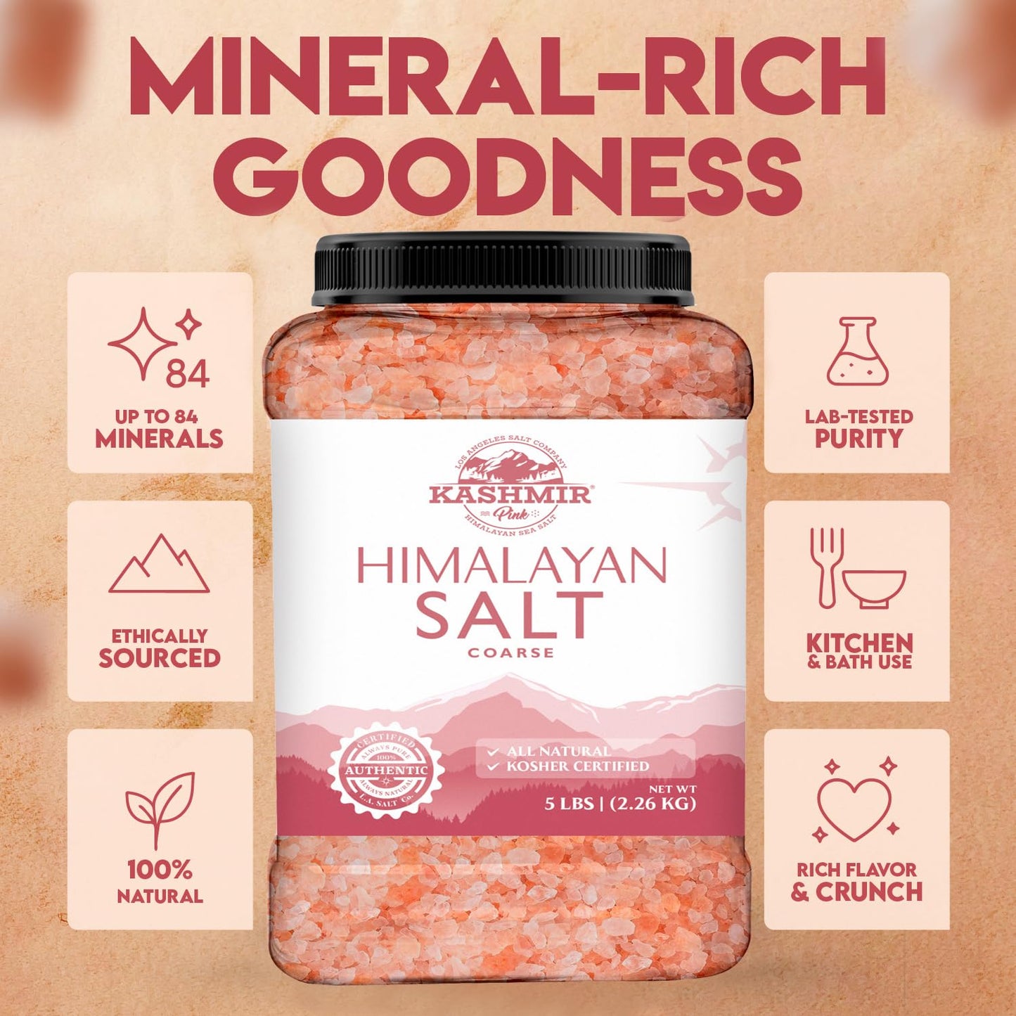 LA SALT CO Kashmir 5 Lbs Pink Himalayan Salt Bulk Jar, Coarse | 100% Pure, Food Grade with 84 Trace Minerals | Kosher Certified, Vegan, Non-GMO
