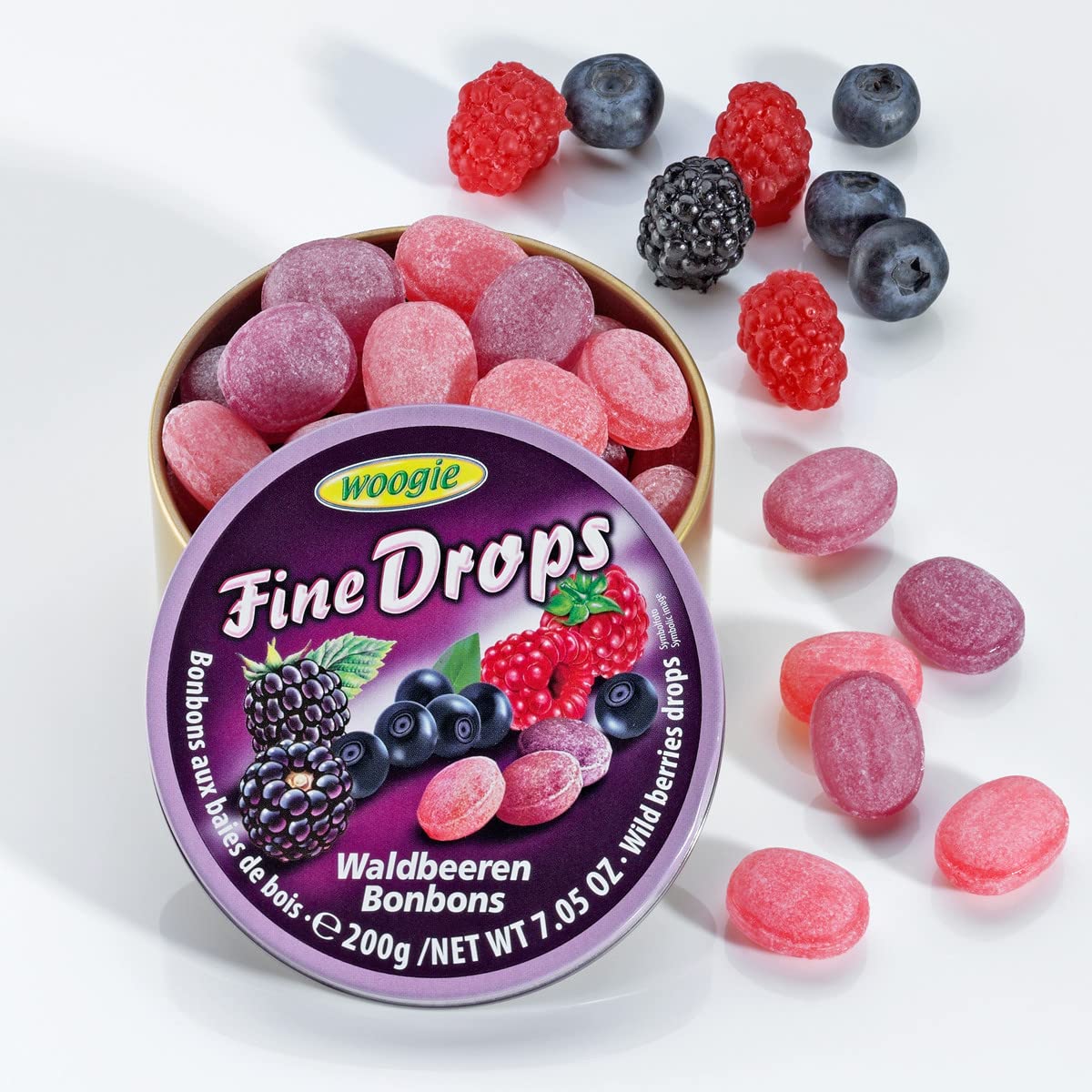 Woogie Refreshing Fine Drops of Wild Berry Candies(Forest Berries Bonbons) in Easy Resealable Round Can For Fresh Breath, Delicious Snack 200 g / 7.05
