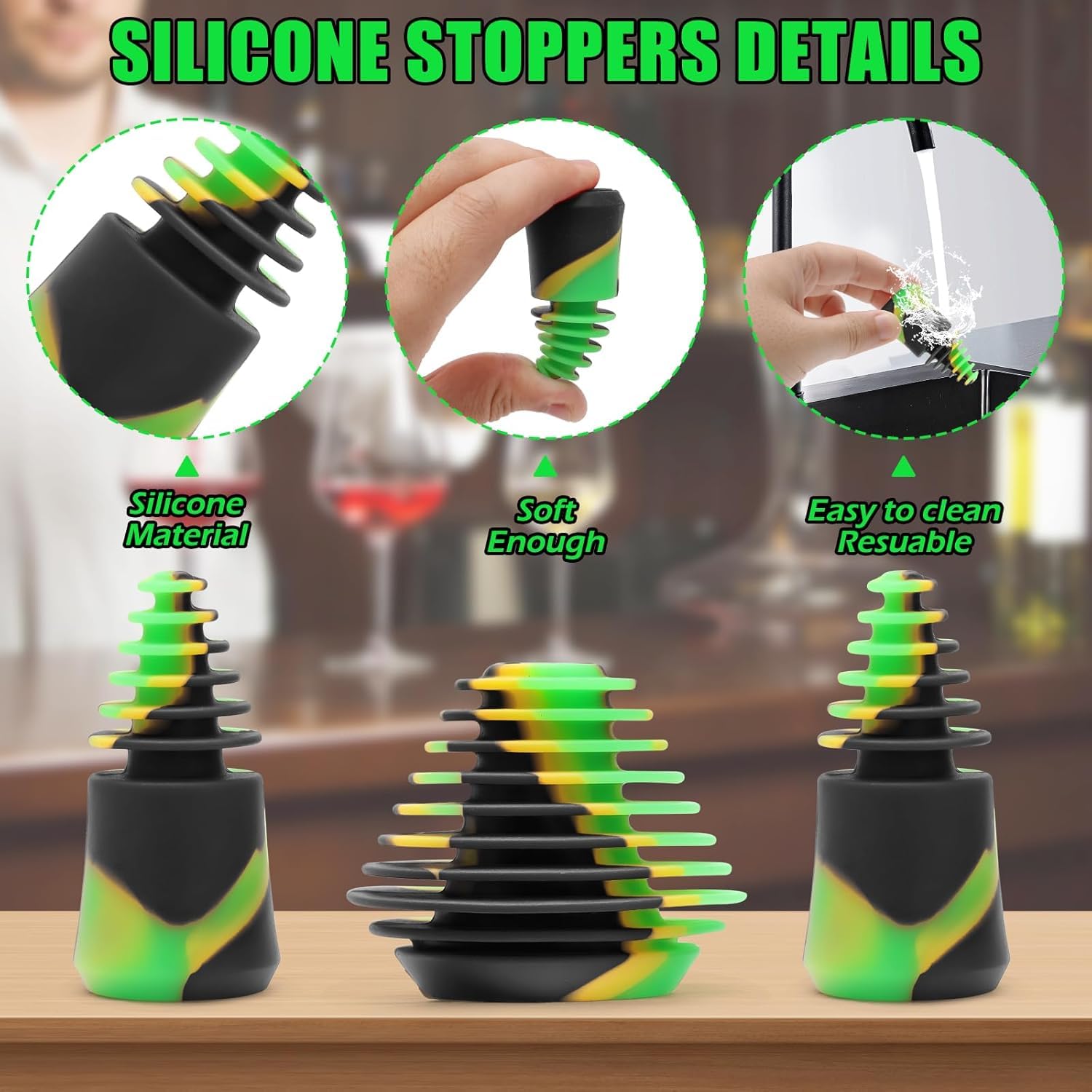 Green Piece® Three Silicone Purple Cleaning plugs + stoppers. Preserver Cap Airtight Bottle Plug Odor Proofing Glass, Plastic and Silicon Pieces