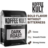 Koffee Kult Dark Roast Ground Coffee - Small Batch Gourmet Aromatic Artisan Blend 100% Arabica Coffee Organically Sourced (Ground, 12oz)