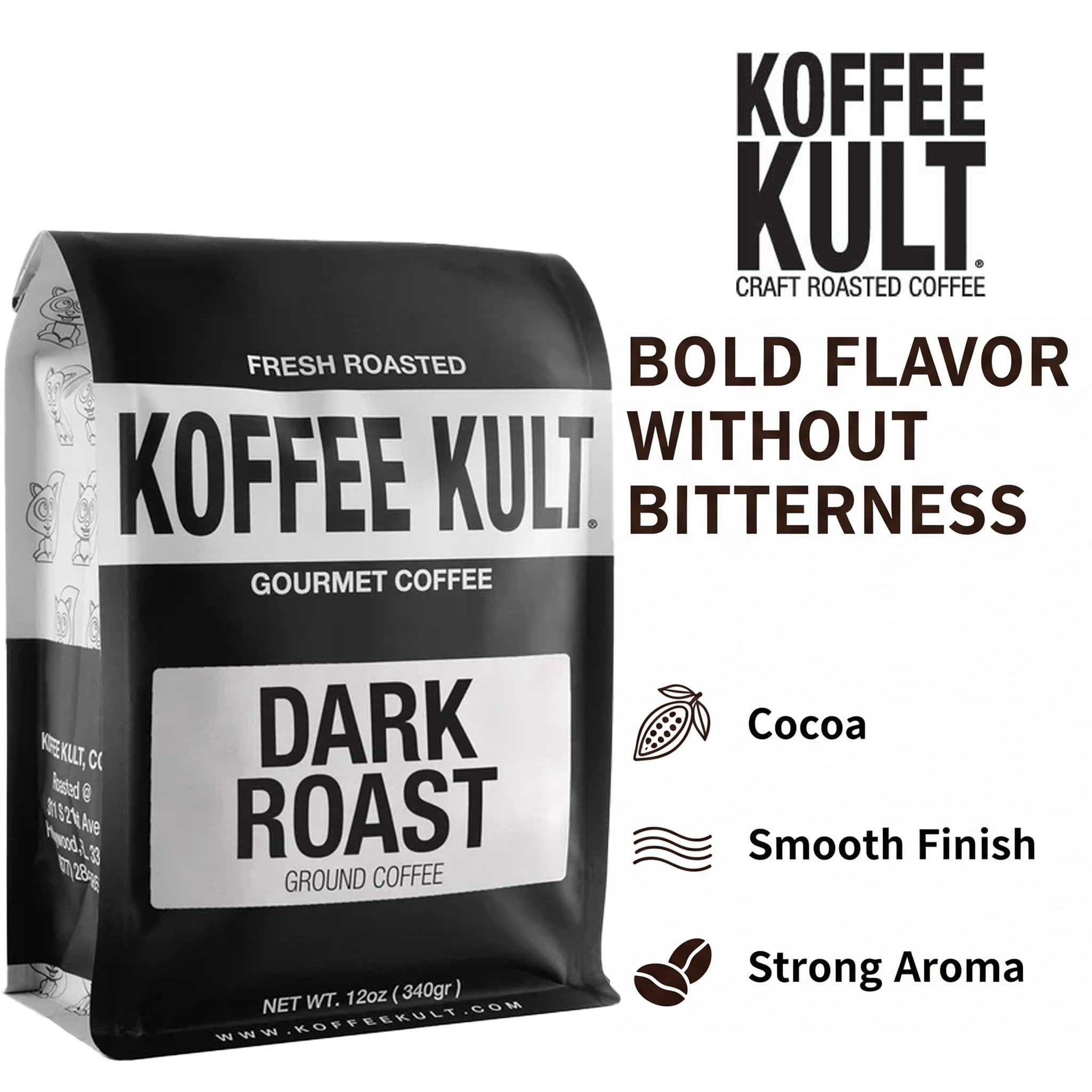 Koffee Kult Dark Roast Ground Coffee - Small Batch Gourmet Aromatic Artisan Blend 100% Arabica Coffee Organically Sourced (Ground, 12oz)