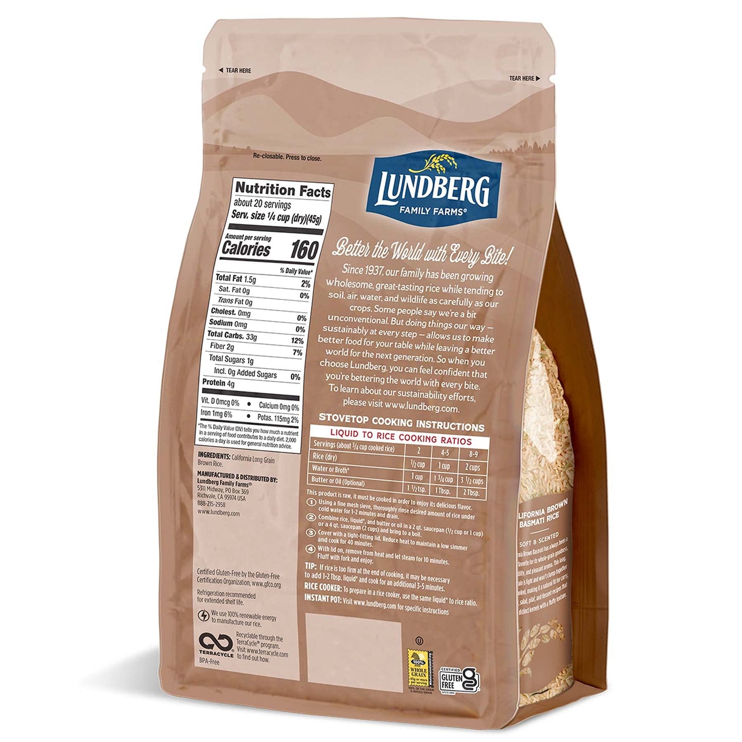 Lundberg Family Farms - California Brown Basmati Rice, Pleasant Aroma, Won't Clump When Cooked, 100% Whole Grain, High Fiber, Pantry Staple, Gluten-Free, Non-GMO, Vegan, Kosher (32 oz, 3-Pack) 3
