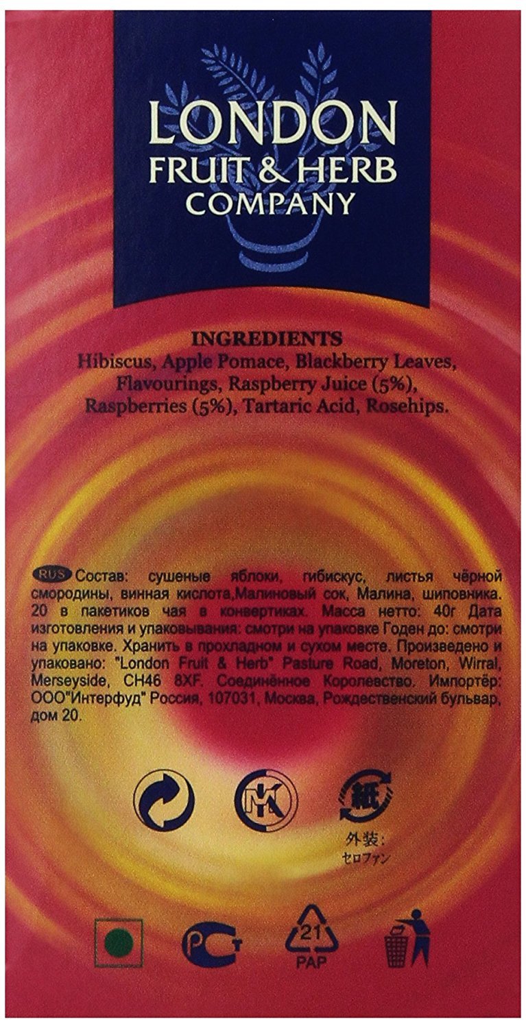London Fruit & Herb Company Raspberry Rendezvous Tea, 20 Tea Bags, 1.4 Oz