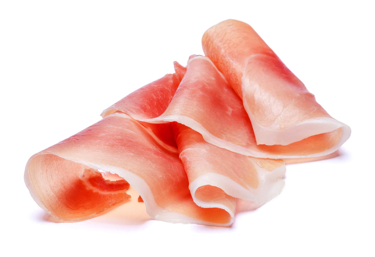 Imported Premium Prosciutto aged 14 months Boneless 4 Pound Sliced. Hand selected and cut from the leg. (4 Pound-Sliced)
