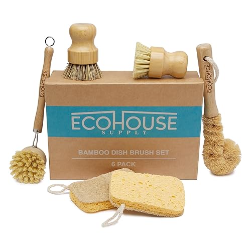 ECOHOUSE SUPPLY™ Bamboo Dish Brush Set - 6-Piece Natural Fiber Kitchen Brush Set with Loofah Sponges (No Bleach), Sisal & Palm Scrubbers - Non-Toxic