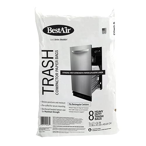 BestAir Heavy Duty Trash Compactor Bags (8-Pack) | Reinforced Bottom Seal | Wet-Strength Paper with Plastic Liner | Pre-Cuffed Flat Top for Secure Fit