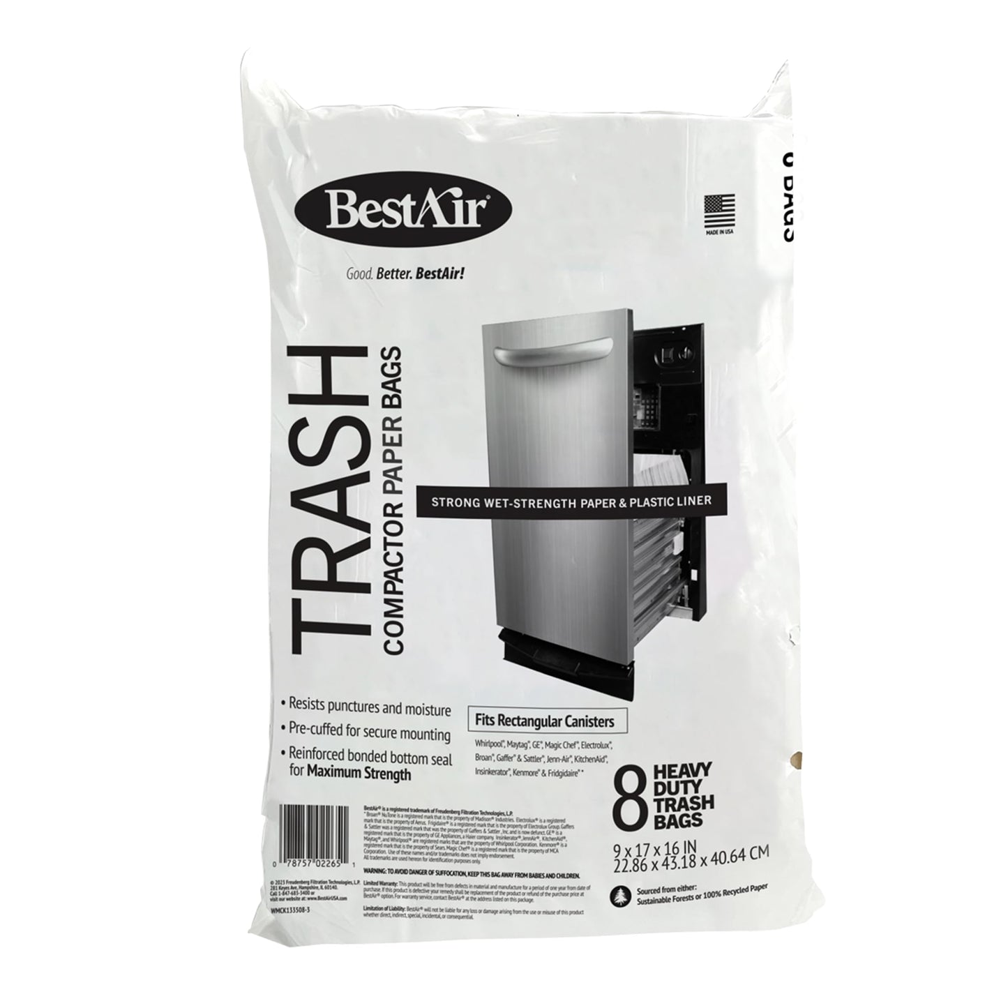 BestAir Heavy Duty Trash Compactor Bags (8-Pack) | Reinforced Bottom Seal | Wet-Strength Paper with Plastic Liner | Pre-Cuffed Flat Top for Secure Fit