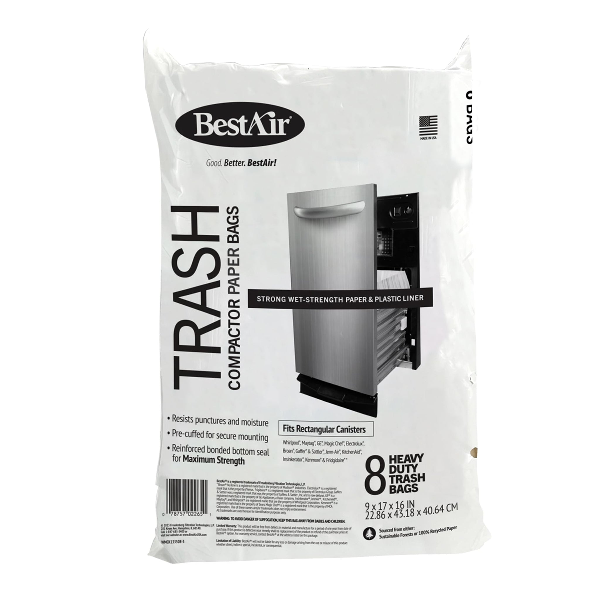 BestAir Heavy Duty Trash Compactor Bags (8-Pack) | Reinforced Bottom Seal | Wet-Strength Paper with Plastic Liner | Pre-Cuffed Flat Top for Secure Fit