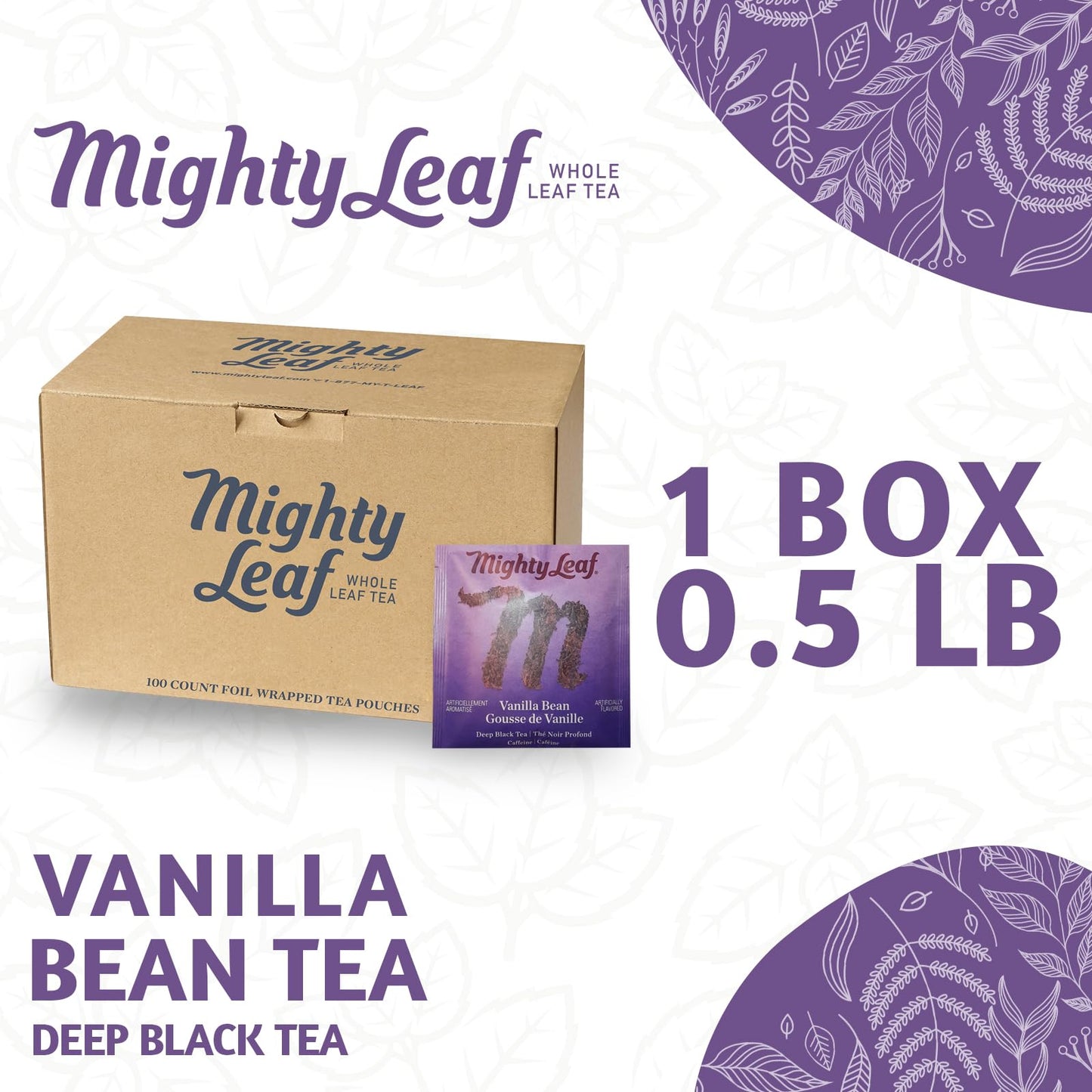 Mighty Leaf Vanilla Bean Black Tea - Foil-Wrapped - Premium Black Tea wi - 100 Count Tea Pouches - Premium Tea with Rich Flavor - Individually Wrapped
