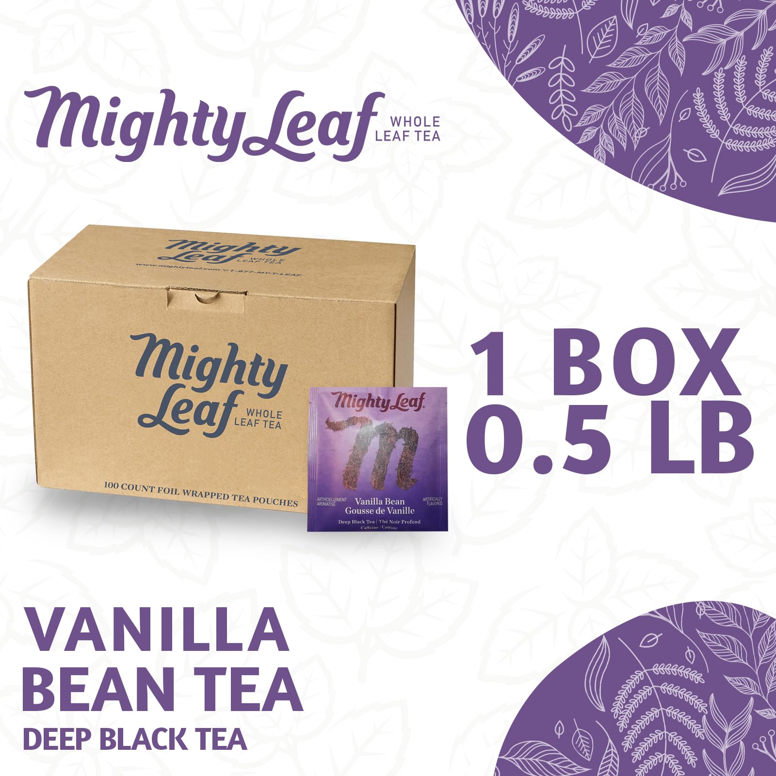 Mighty Leaf Vanilla Bean Black Tea - Foil-Wrapped - Premium Black Tea wi - 100 Count Tea Pouches - Premium Tea with Rich Flavor - Individually Wrapped