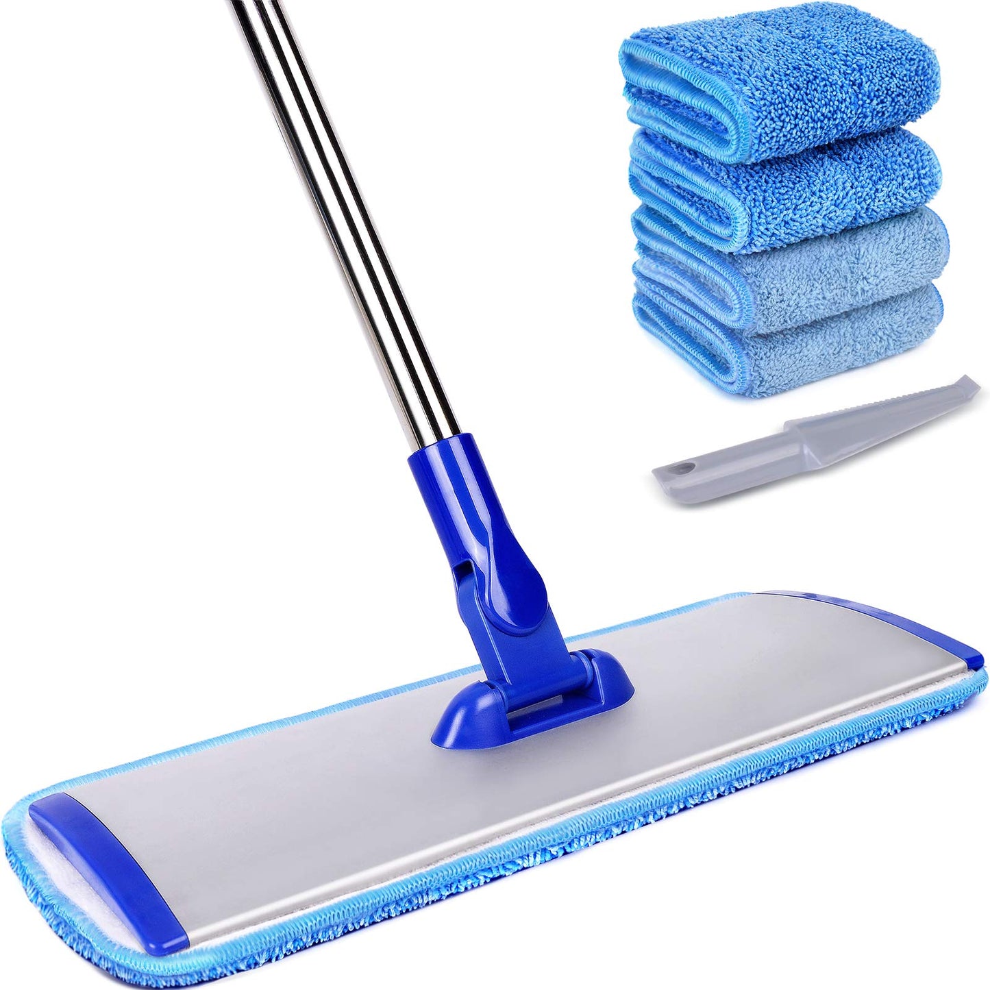 18" Professional Microfiber Mop Floor Cleaning System, Flat Mop with Stainless Steel Handle, 4 Reusable Washable Mop Pads, Wet and Dust Mopping