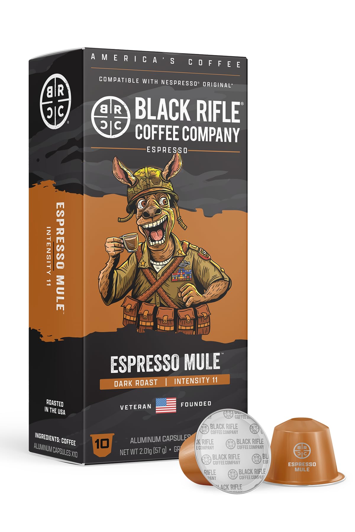 Black Rifle Coffee Company 30 Espresso Mule Capsules - Dark Roast Espresso, Chocolate, Bing Cherry & Caramelized Sugar, espresso Compatible