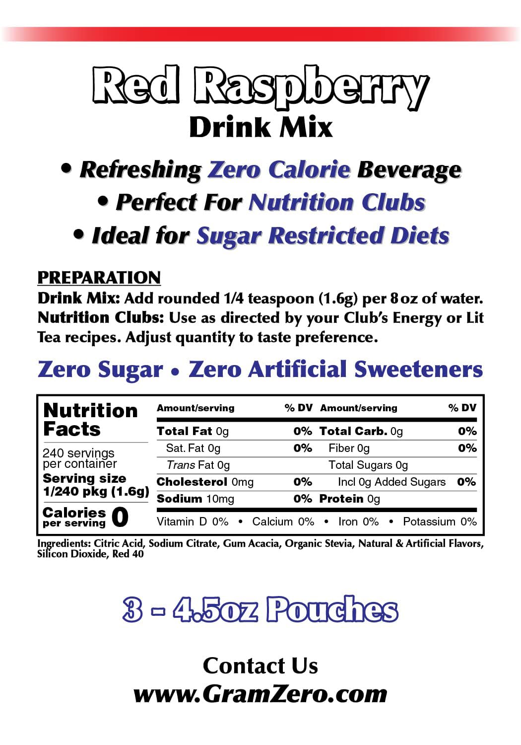 GramZero Red Raspberry Zero Calorie Sugar Free Drink Mix, Great For Nutrition Club Loaded Tea, Stevia Sweetened