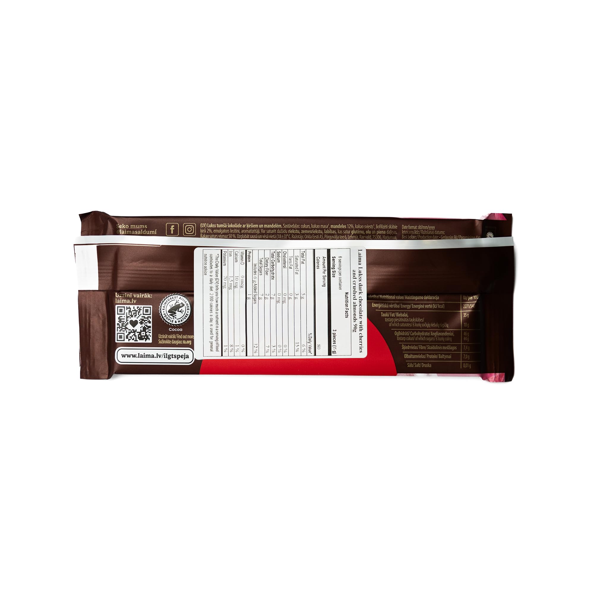 Laima Dark Chocolate (50%) with Cherries and Crushed Almonds, 90g Bars (Pack of 5), Lukss (Luxury)