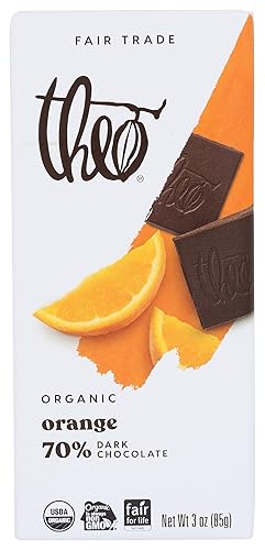 Theo Orange Organic Dark Chocolate Bar, 70% Cacao, 1 Bar | Vegan, Fair Trade