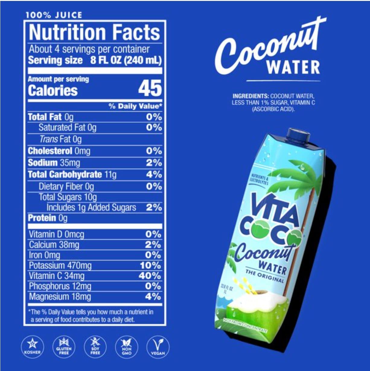 Vita Coco Coconut Water, 33.8 fl oz (Pack of 4)