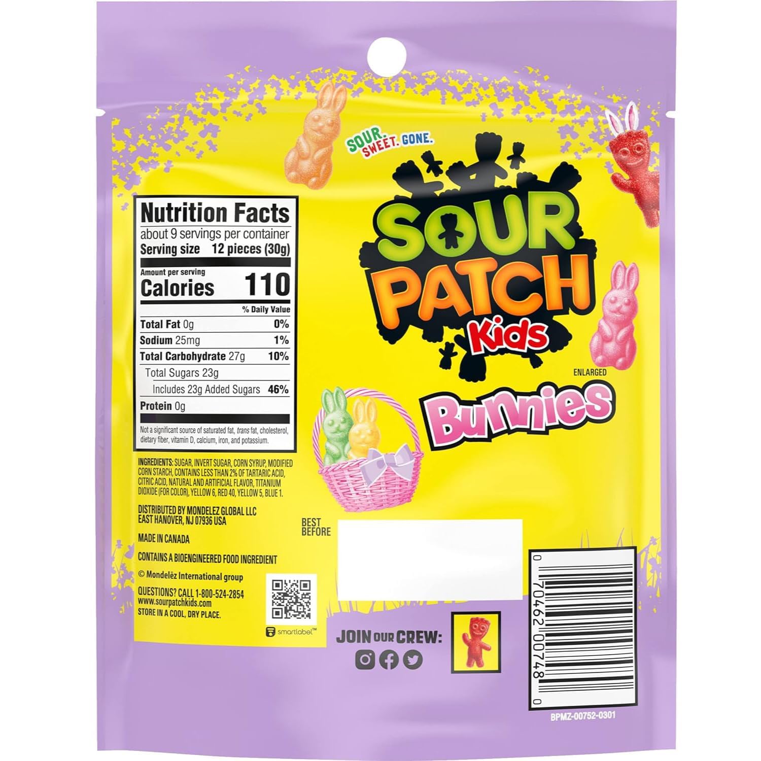 Sweetzo Sour Patch Bunnies, Gummy Candy Easter Basket Stuffers, Soft and Chewy Candies (2, 10 Ounces)