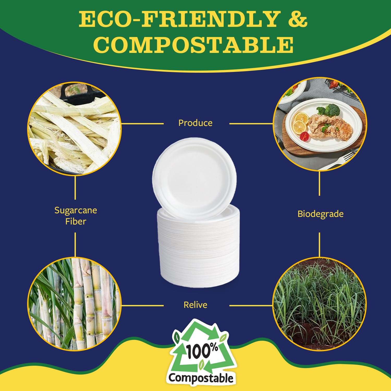 Bright Habits 10” Compostable Plates, 125-Pack | Biodegradable Sugarcane | Sturdy, Microwave-Safe Disposable Plates for Parties & Events