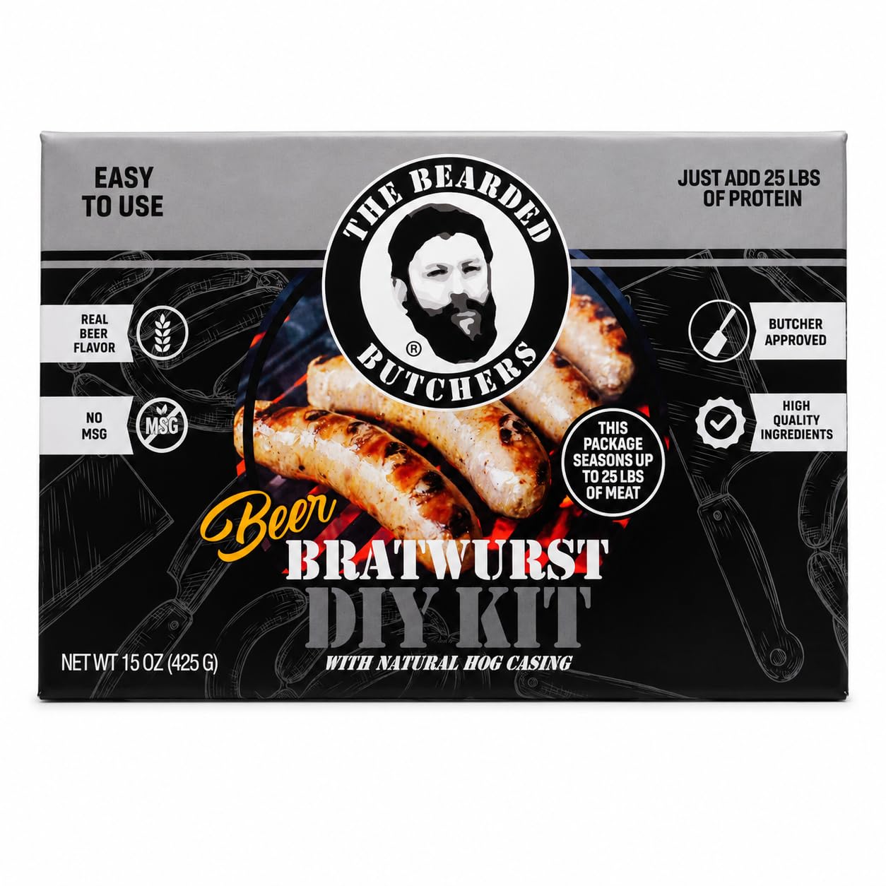 Bearded Butchers Beer Bratwurst DIY Kit - Rich & Flavorful Brats - Includes Seasoning & 32mm-35mm Natural Hog Casings - Add Beer for Extra Flavor