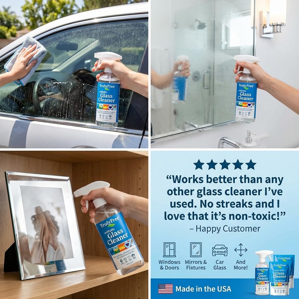 Truly Free Natural Glass Cleaner Kit - Removes Dirt & Debris for Sparkling Clean Windows & Glass Surfaces at Home, Office & Garage, Includes 16 oz