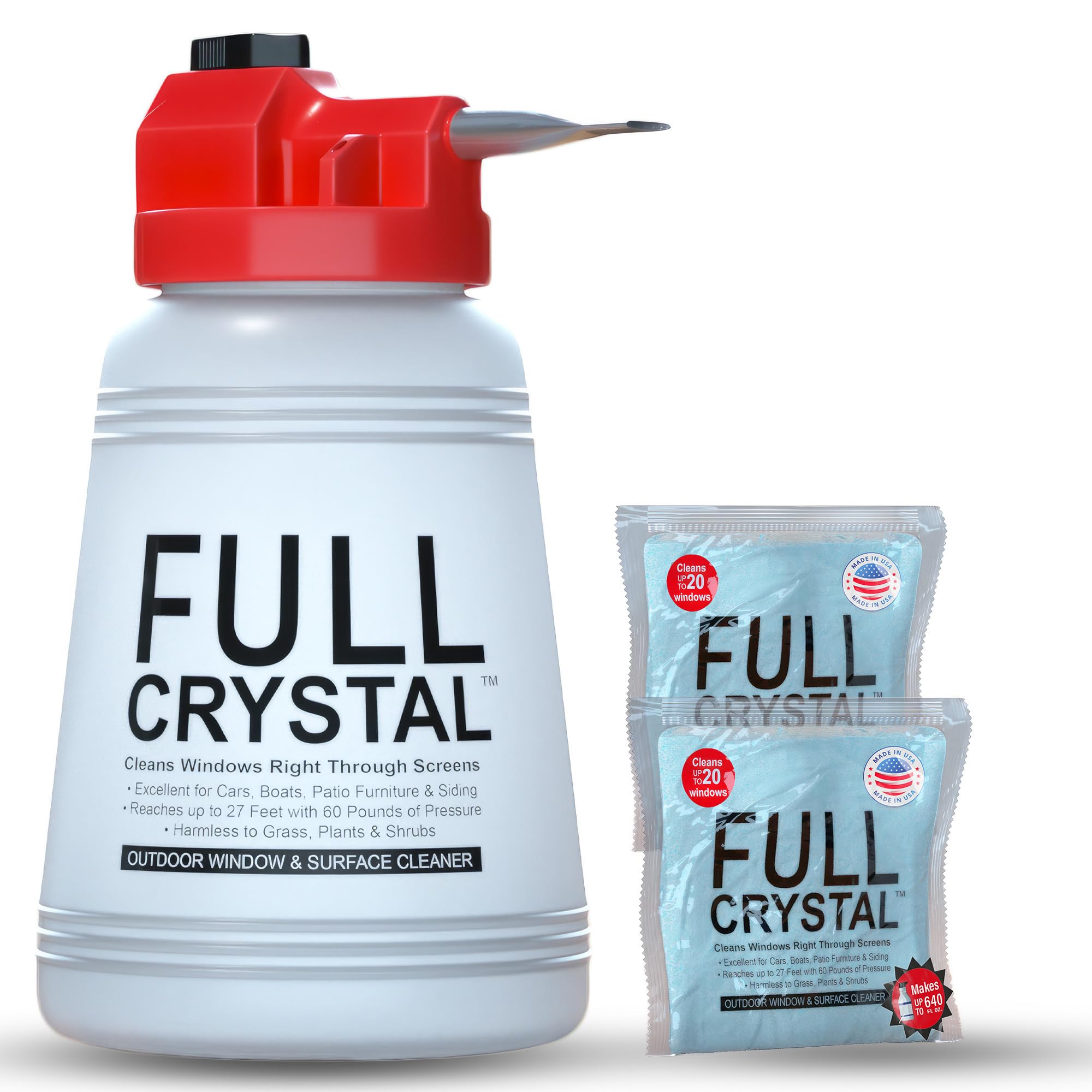 Full Crystal Window Cleaning Kit - 8 oz Glass Cleaner and Bottle with 27 ft Reach, Each 4 oz Bag Makes Up to 640 fl oz, Cleans Up to 40 Windows