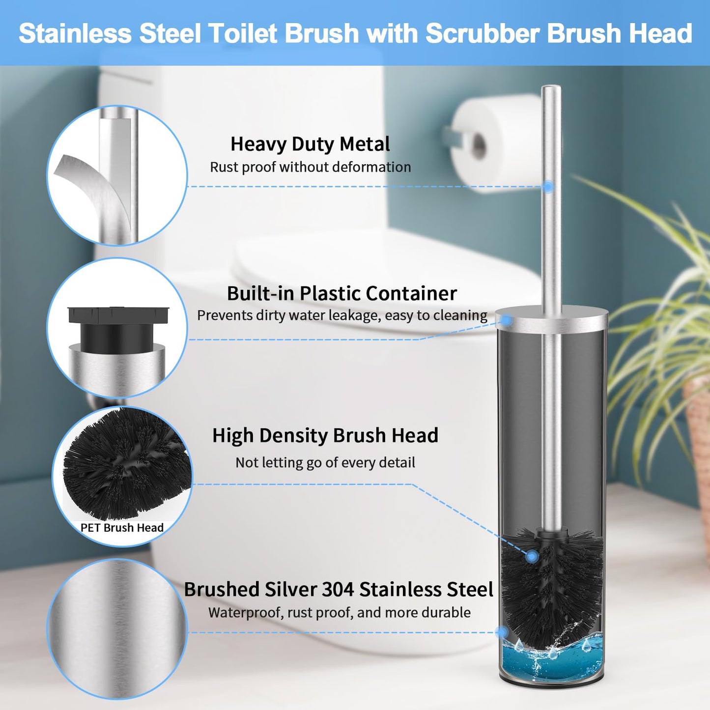 Stainless Steel Toilet Brush and Holder Set Brushed Silver Heavy Duty Toilet Bowl Brush with Long Handle for Bathroom and Farmhouse (Silver-2)