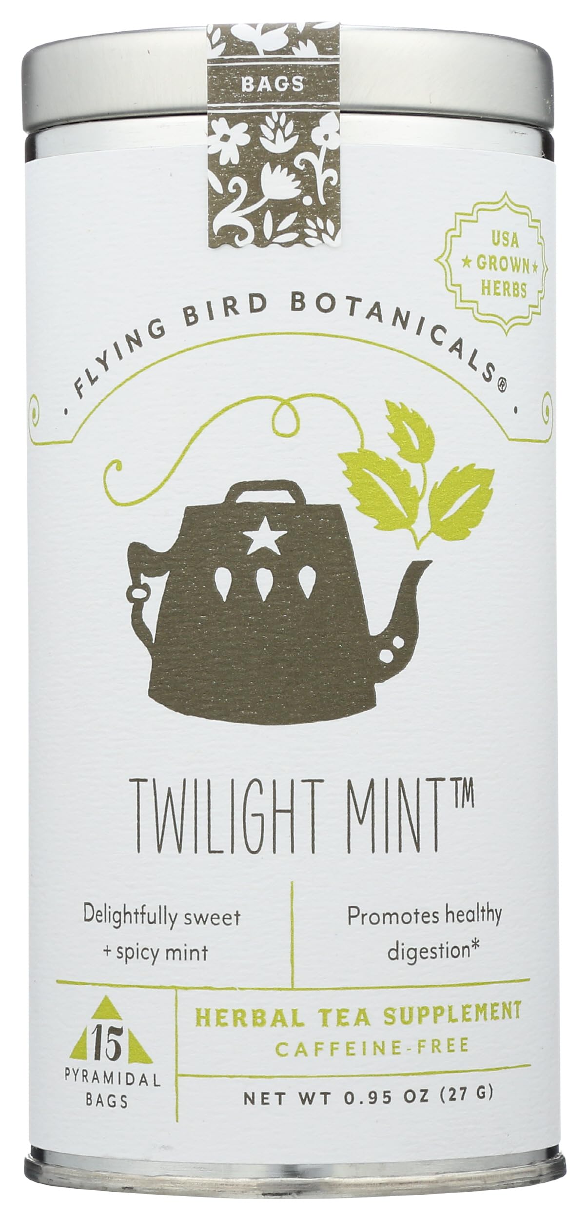 FLYING BIRD BOTANICALS Organic 15 Bag Tin Twilight Mint Tea, 15 CT