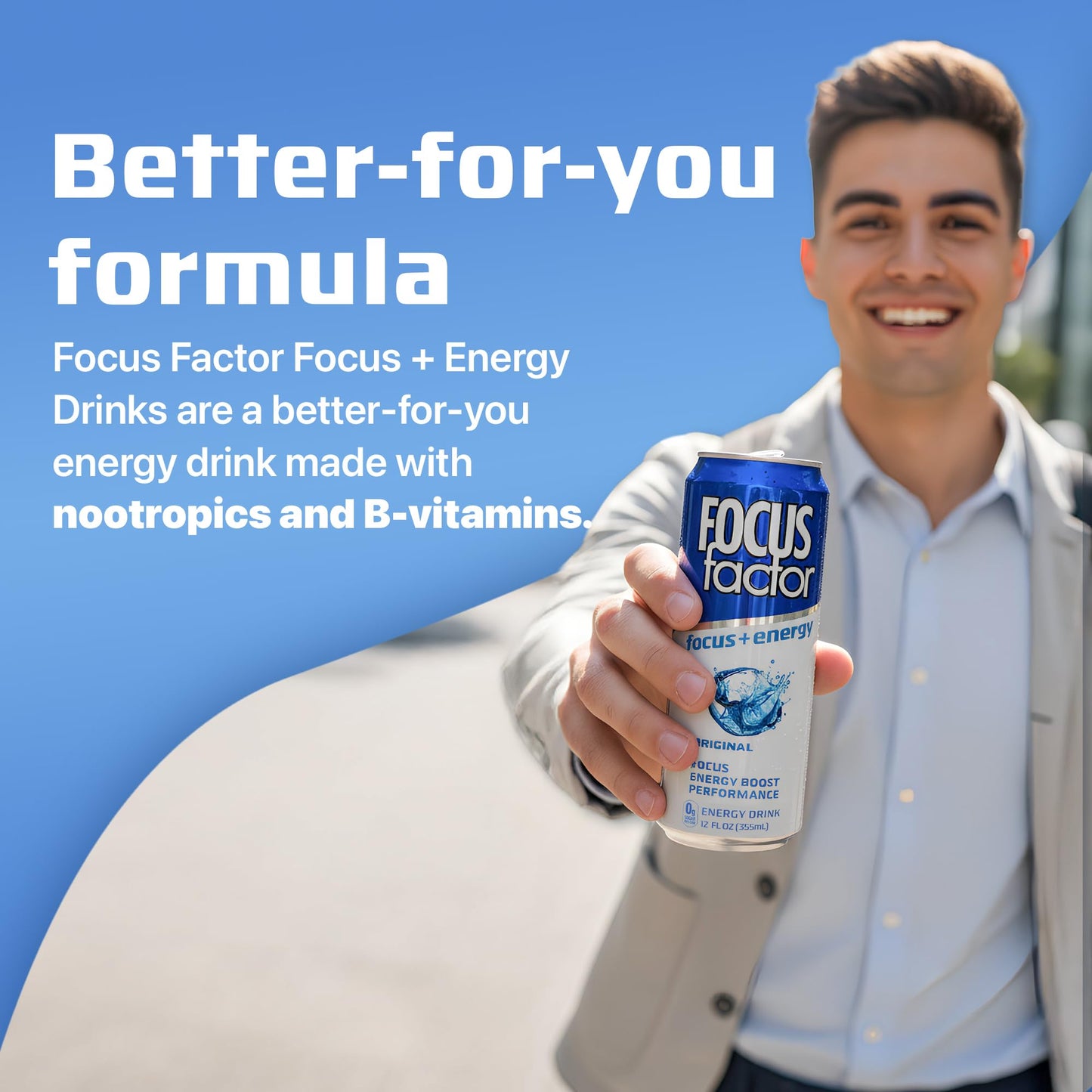 Focus Factor Energy Drink - 12 x 355ml Cans (Original Flavor) - with Focus + Energy - Lightly Carbonated, Sugar Free, Low Calorie with Vitamins B6
