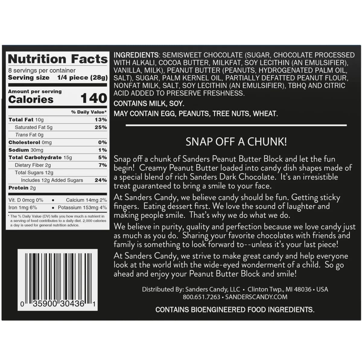 Sanders Dark Chocolate Covered Peanut Butter Block, Gift Box of 2 Individually Wrapped 4 oz Blocks