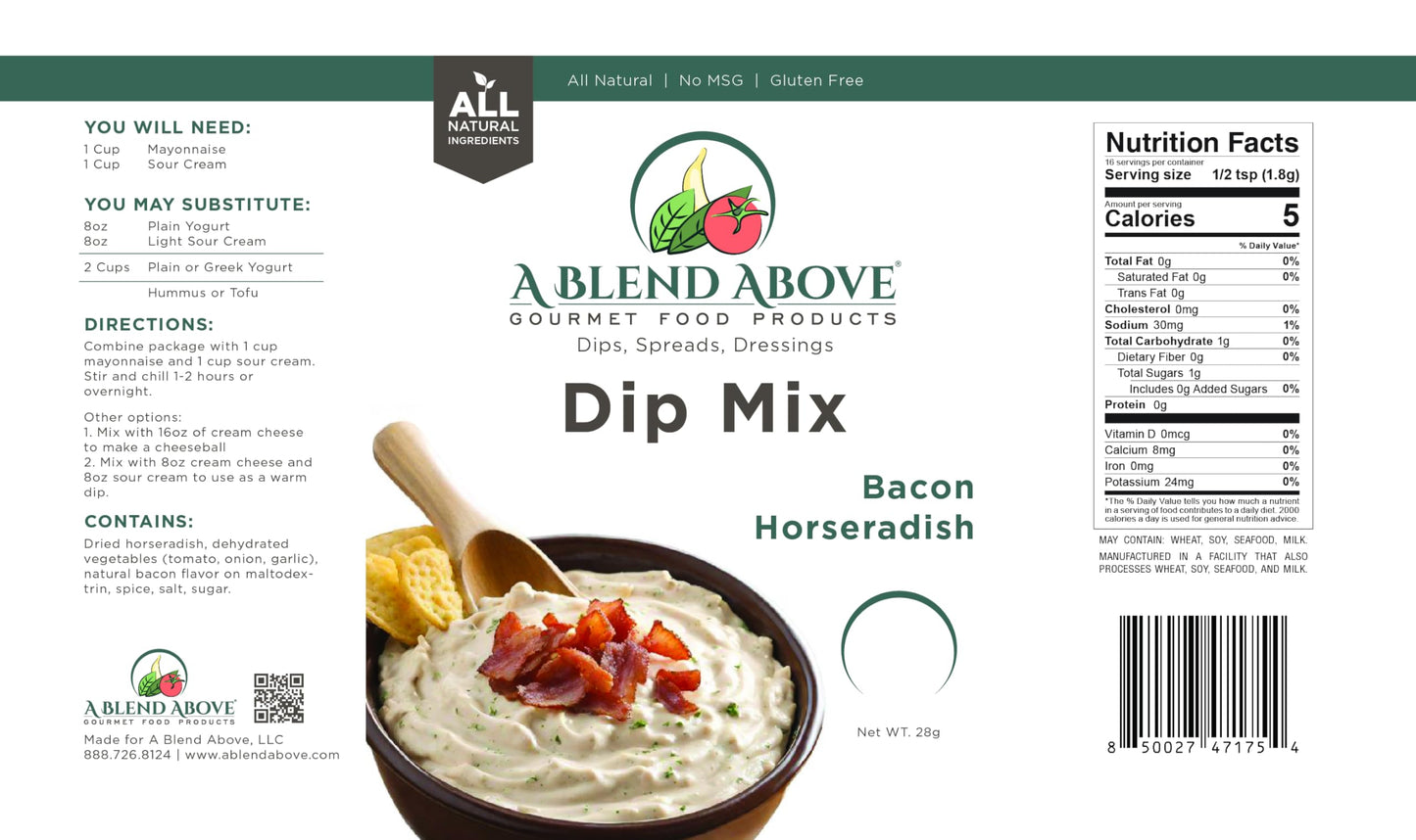 A Blend Above Bacon Horseradish Dip Mix, 1oz (3 Pack), Gluten-Free, No MSG, All Natural, No Preservatives, Vegetable Dip, Keto Friendly, Low Carb