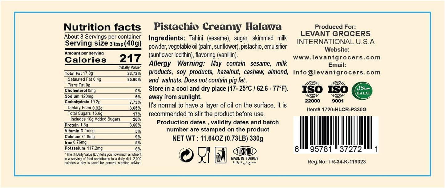 Pistachio Creamy Halawa (Halva/Halwa) Spread (New Flavor for Dubai Chocolate) - 11.64oz (330g)