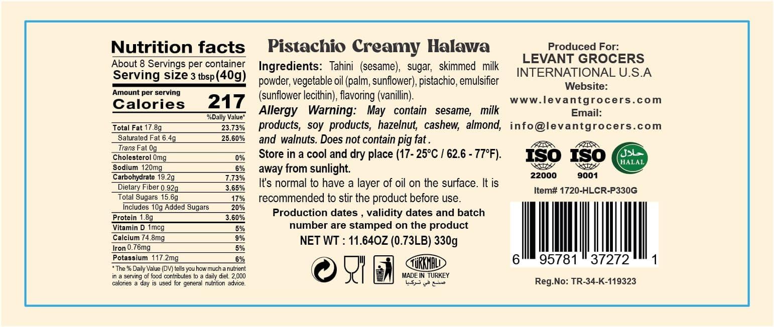 Pistachio Creamy Halawa (Halva/Halwa) Spread (New Flavor for Dubai Chocolate) - 11.64oz (330g)
