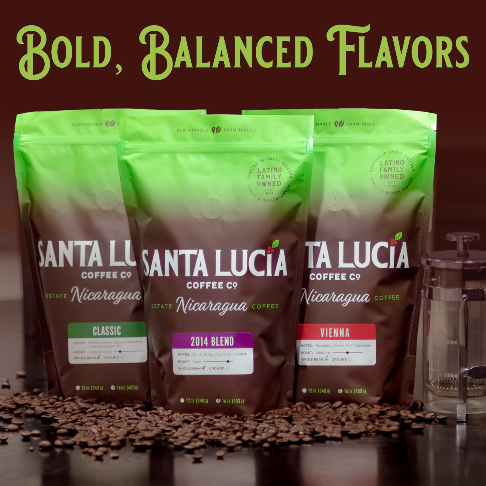 Santa Lucia Coffee - 2014 Nicaraguan Roast Coffee - Rich in Minerals - Low Acididity - Natural Sweetness - Strong & Bold Flavor - Subtle Undertones