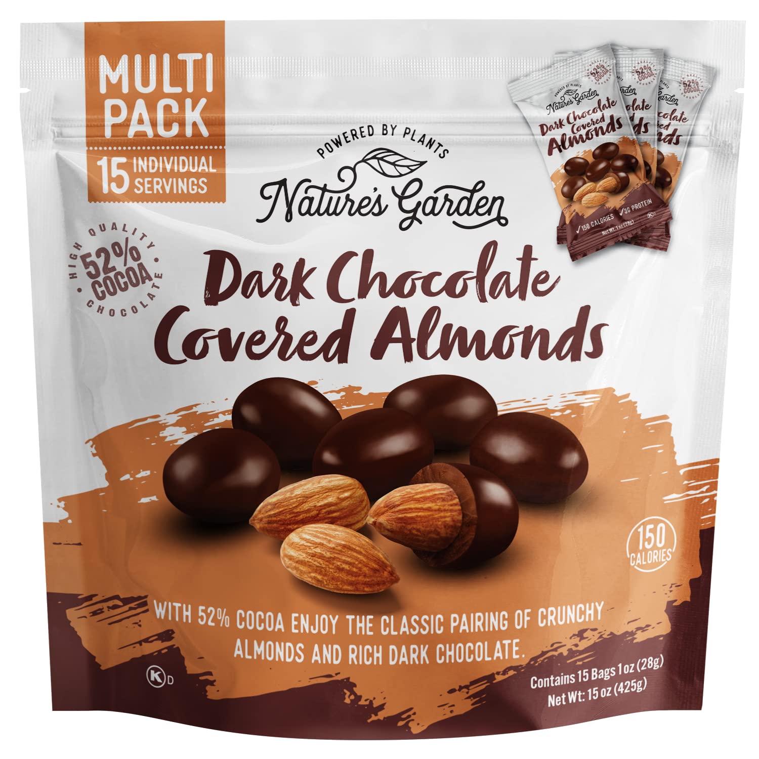 Nature's Garden Dark Chocolate Covered Almonds Snack Packs - No Trans Fat, Indulgent Snack, Dark Chocolate Almonds, Kosher Certified - 1 Oz Bags (15
