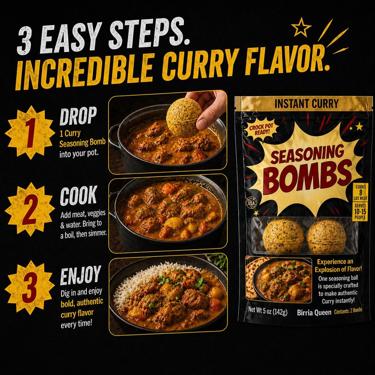 Birria Queen Curry Seasoning Bombs (2 Bombs, 5 oz) - Instant Curry Flavor, Slow Cooker & Crock Pot Ready, Easy Drop-In Spice Blend, No Measuring