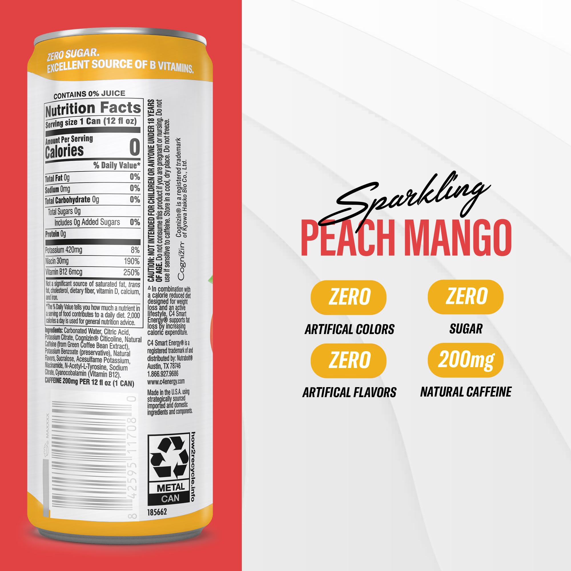Cellucor C4 Smart Energy Drink ‚ Boost Focus and Energy with Zero Sugar, Natural Energy, and Nootropics - 200mg Caffeine - Peach Mango (12oz Pack