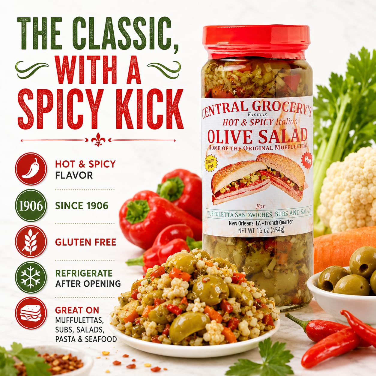 Central Grocery Hot & Spicy Olive Salad 16 oz, Authentic New Orleans Italian Olive Salad, Spicy Muffuletta Sandwich Spread, Olive Vegetable Relish