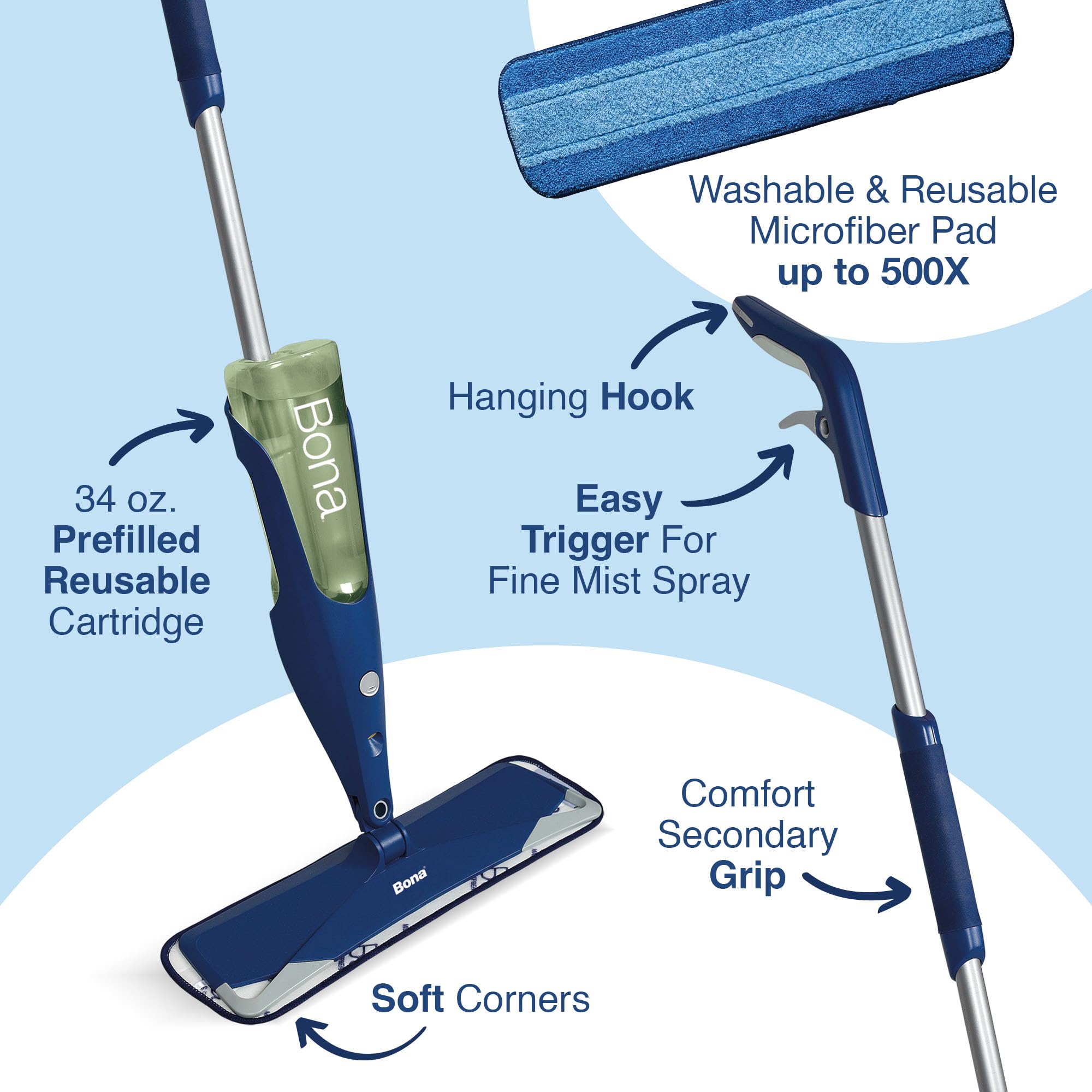Bona Premium Motion Multi-Surface Floor Spray Mop - Includes Multi-Surface Floor Cleaning Solution and Machine Washable Microfiber Cleaning Pad