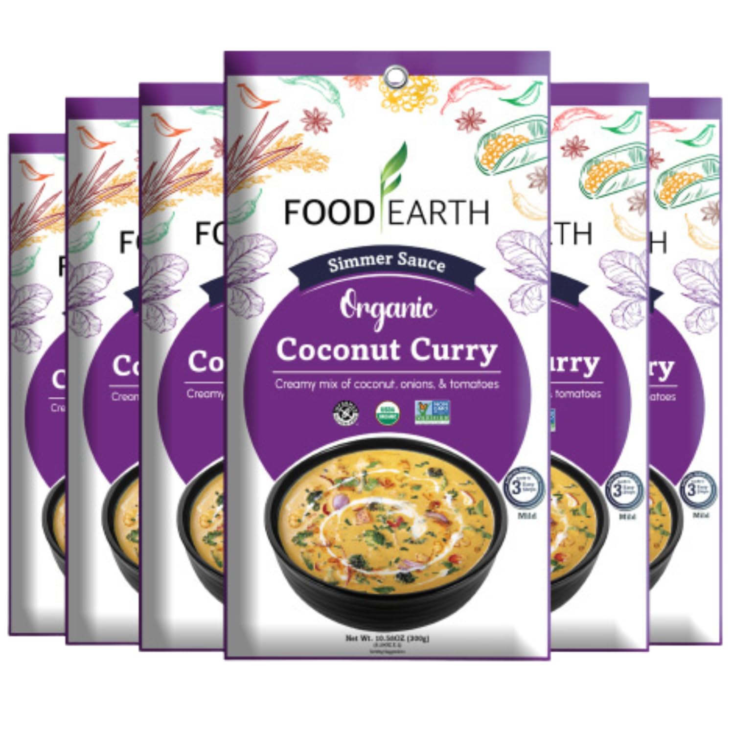 Food Earth Indian Simmer Sauce - Coconut Curry - Organic, Vegan, Gluten-Free, GMO-Free - Microwavable Cooking Sauce - 12 Pouches (5.29 oz Each)