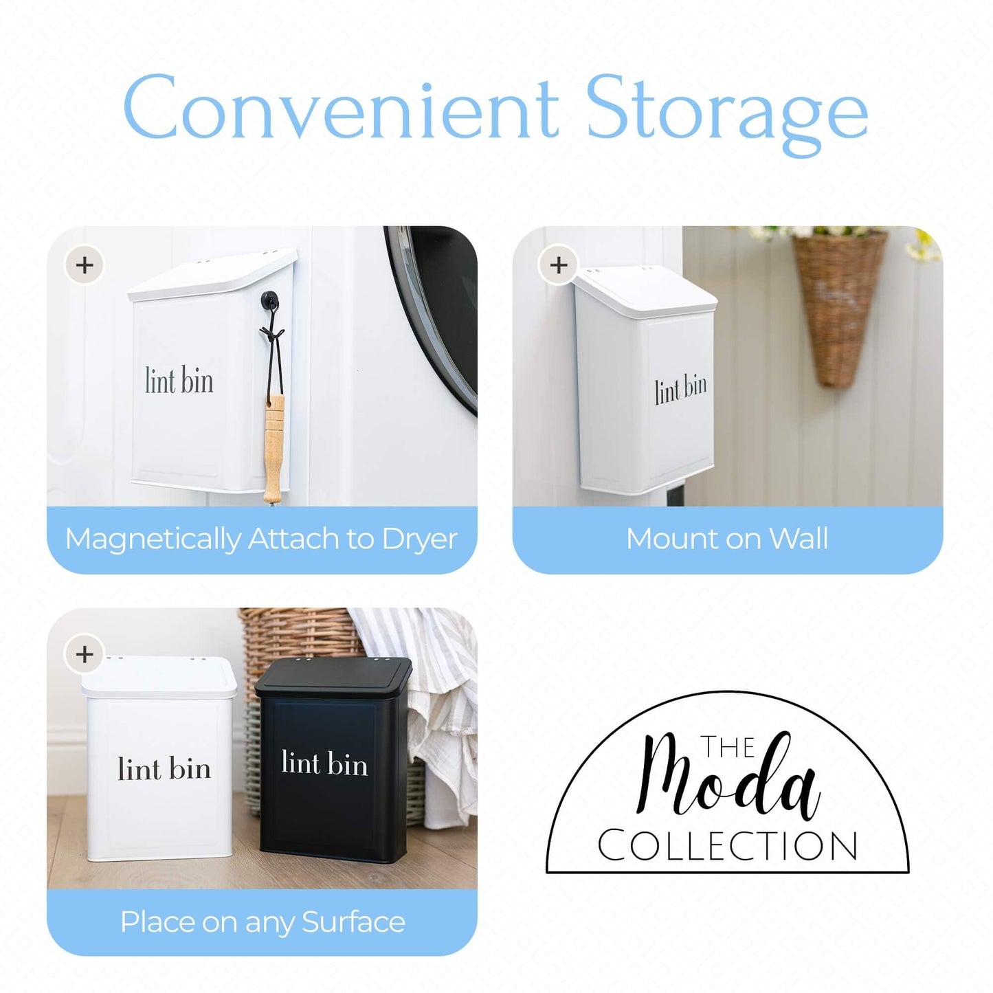 The Moda Collection Magnetic Laundry Lint Bin for Dryer | Wall-Mounted Small Trash Can for Laundry Room | Includes Magnetic Hook & Lint Brush |